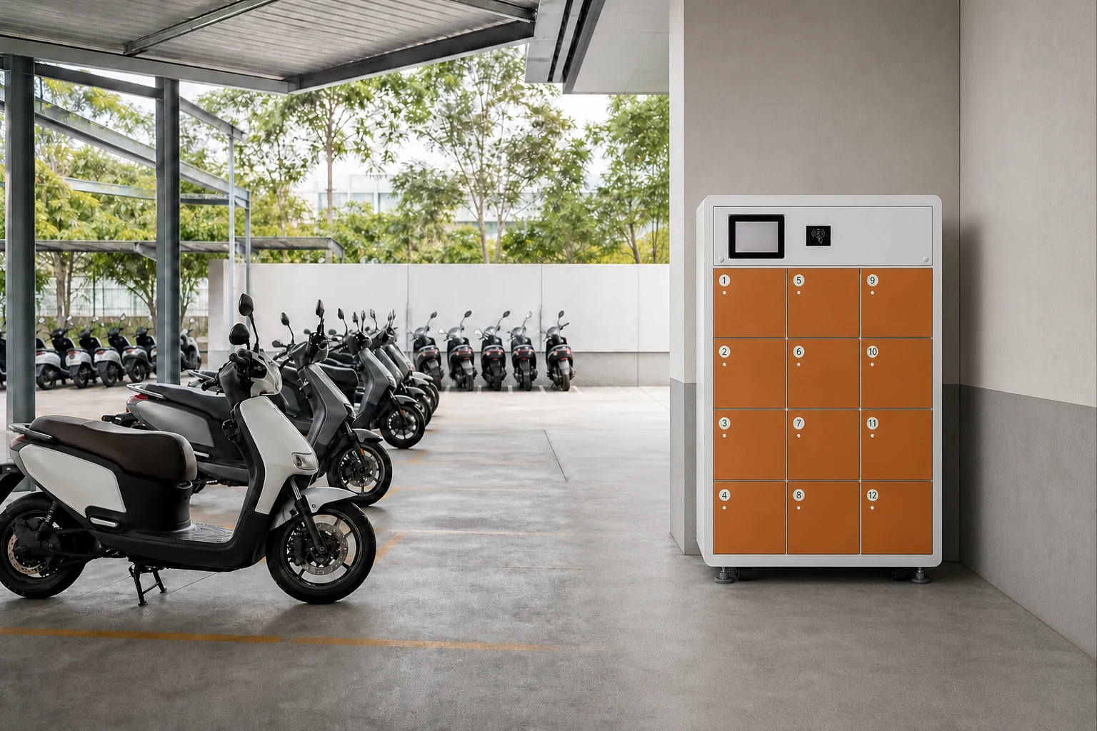 12-slot battery swap cabinet in an electric two-wheeler fleet depot