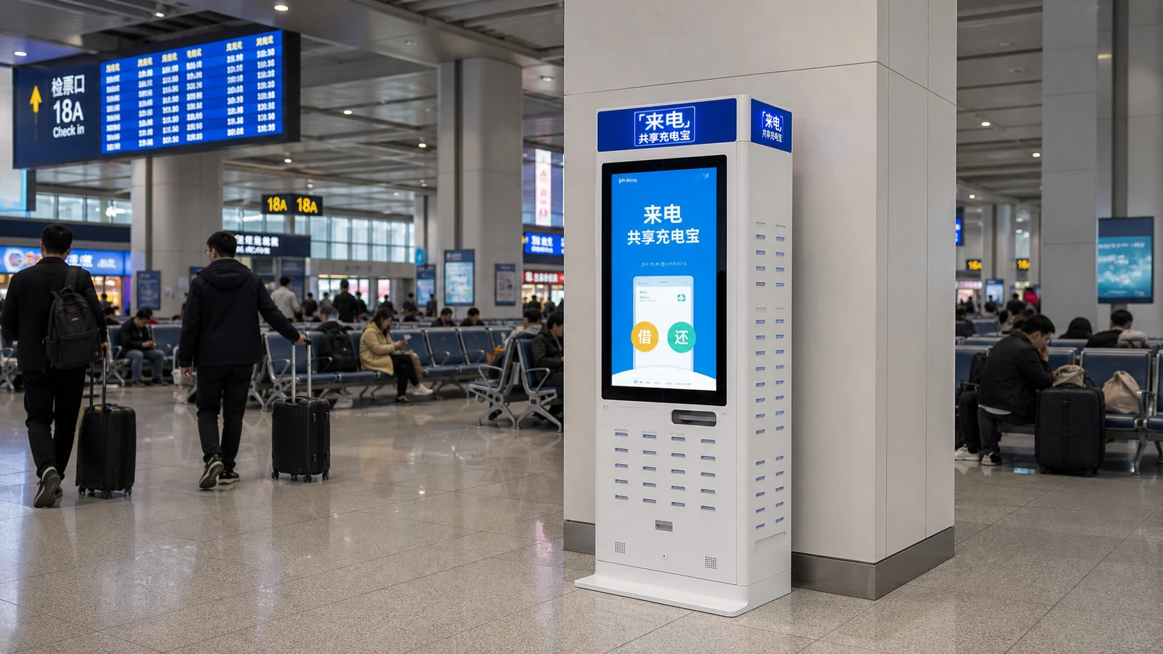 Large-screen shared power bank station inside a Chinese high-speed rail terminal