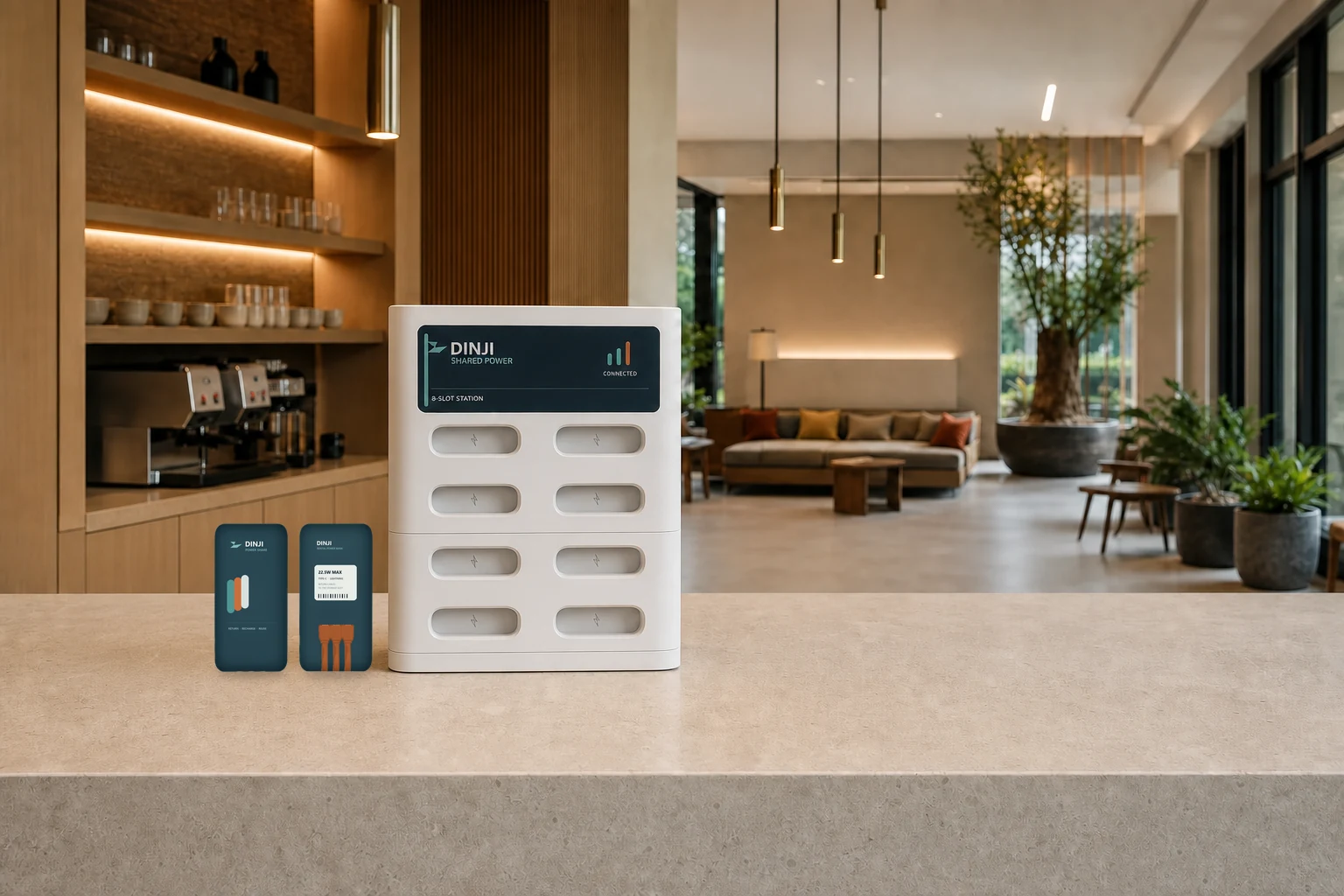 Dinji 8-slot shared power bank station in a hospitality setting